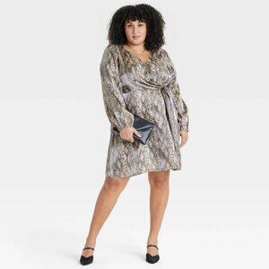 NEW Women's Balloon Long Sleeve Midi Wrap Dress - Ava & Viv™ Tan